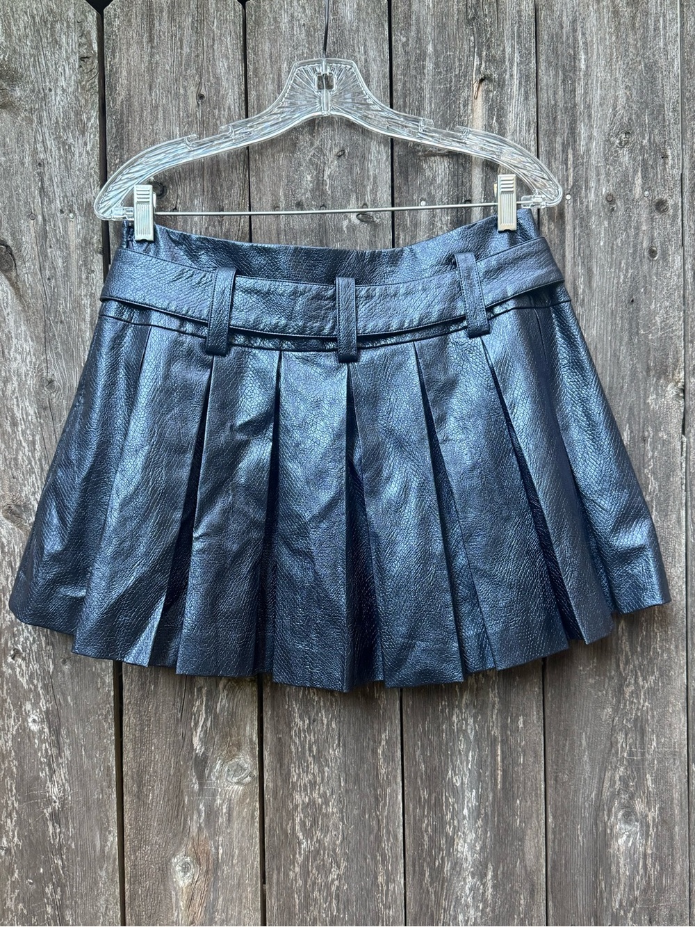 Ramy Brook Natalia Faux Leather Pleated Mini Belted Skirt Blue Size Small NWOT - Picture 5 of 8